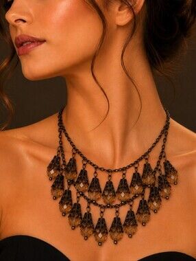 3/$30 Vtg Art Noveau Bronze Layered Bib Renaissance Festival Necklace